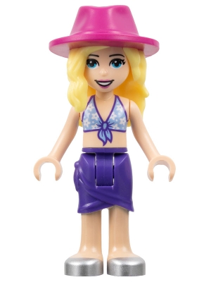 Stephanie - Bright Light Blue Bikini Top with White Flowers, Dark Purple Skirt, Magenta Hat