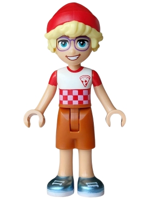 Friends Olly - White T-Shirt Checkered with Pizza Slice, Dark Orange Shorts, Metallic Light Blue Shoes, Red Hat