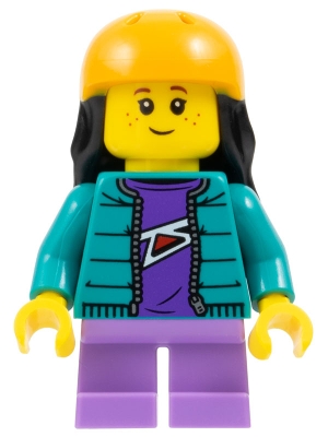 Kid - Dark Turquoise Torso, Medium Lavender Legs, Bright Light Orange Helmet, Black Hair