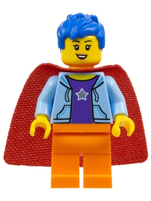 Super Hero, Bright Light Blue Torso, Orange Legs, Blue Hair, Cape