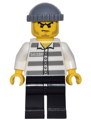 Police - Jail Prisoner 50380 Prison Stripes, Black Legs, Dark Bluish Gray Knit Cap, Beard Stubble and Scowl