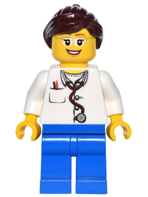 Doctor - Lab Coat Stethoscope and Thermometer, Blue Legs, Dark Brown Ponytail and Swept Sideways Fringe, Glasses and Smile