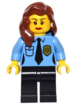 Police - Female Officer, Black Legs, Reddish Brown Hair Mid-Length with Part over Right Shoulder, Crow's Feet and Beauty Mark