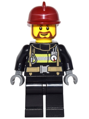 Fire - Reflective Stripes with Utility Belt, Black Legs, Dark Red Fire Helmet, Brown Beard Rounded