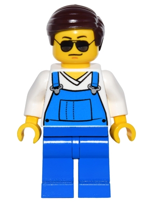 Overalls Blue over V-Neck Shirt, Blue Legs, Dark Brown Smooth Hair, Black and Silver Sunglasses, Black Eyebrows