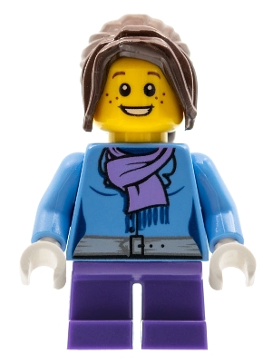 Medium Blue Jacket with Light Purple Scarf, Dark Purple Short Legs, Dark Brown Hair Ponytail Long with Side Bangs