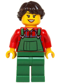 Woman, Green Overalls over Red Paid Shirt, Dark Brown Hair