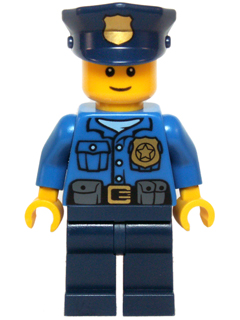 Policeman, Blue Shirt with Badge and Pouches, Dark Blue Legs, Dark Blue Police Hat with Badge