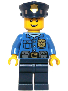 Policeman, Blue Shirt with Badge and Pouches, Dark Blue Legs, Dark Blue Police Hat with Badge, Open Mouth