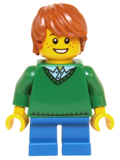 Boy, Green Sweater, Short Blue Legs, Dark Orange Hair