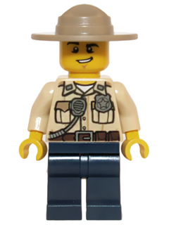 Swamp Police / Ranger, Tan Shirt with Badge and Radio, Dark Tan Campaign Hat, Dark Blue Legs
