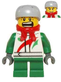 Octan - Jacket with Red and Green Stripe, Green Short Legs, Red Bandana, Helmet Sports with Vent Holes, Black Eye Corner Crinkles