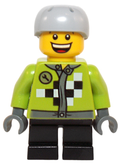 Lime Jacket with Wrench and Black and White Checkered Pattern, Short Black Legs, Sports Helmet with Vent Holes