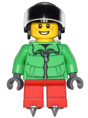 Boy, Green Jacket, Short Red Legs, Black Helmet with Visor