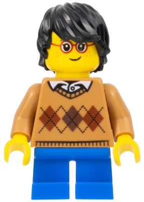 Boy - Medium Nougat Argyle Sweater, Blue Short Legs, Black Hair, Glasses