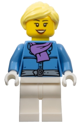 Woman, Medium Blue Jacket with Medium Lavender Scarf, White Legs