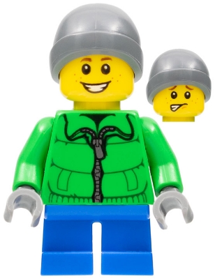 Boy, Green Jacket, Short Dark Blue Legs, Dark Bluish Gray Beanie Hat
