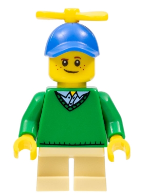 Boy, Green Sweater, Short Tan Legs, Blue Cap with Propeller