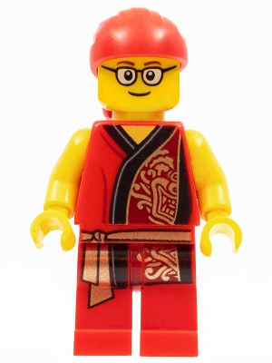 Lion Dance Musician, Red Head Wrap, Glasses, Red Robe with Gold Dragon