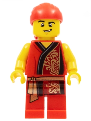 Lion Dance Musician, Red Head Wrap, Lopsided Grin, Raised Eyebrow, Red Robe with Gold Dragon