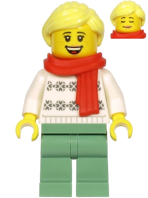 Woman, White Turtleneck Sweater, Sand Green Legs, Bright Light Yellow Hair, Red Scarf