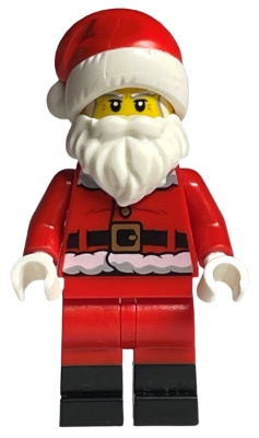 Santa, Red Legs, Black Boots Fur Lined Jacket with Button and Candy Cane on Back, Gray Bushy Eyebrows