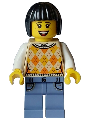 Tourist - Female, Tan Knit Argyle Sweater Vest, Sand Blue Legs with Pockets, Black Bob Cut Hair, Freckles