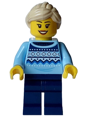 Winter Market Stall Vendor - Female, Bright Light Blue Knit Fair Isle Sweater, Dark Blue Legs, Tan Ponytail
