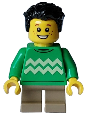 Child - Boy, Bright Green Sweater with Bright Light Yellow Zigzag Lines, Dark Tan Short Legs, Black Tousled Hair, Freckles