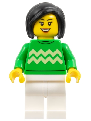 Woman - Bright Green Sweater with Bright Light Yellow Zigzag Lines, White Legs, Black Hair