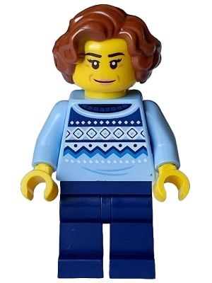 Woman - Bright Light Blue Knit Fair Isle Sweater, Dark Blue Legs, Reddish Brown Hair