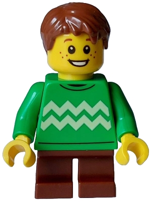 Child - Boy, Bright Green Sweater with Bright Light Yellow Zigzag Lines, Reddish Brown Short Legs and  Hair Tousled with Side Part, Freckles