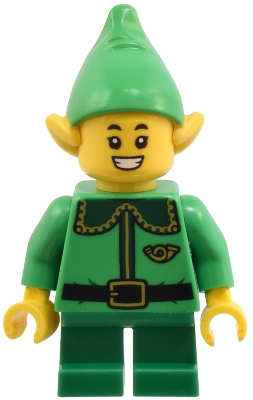 Elf / Postal Elf - Bright Green Torso, Green Legs, Bright Green Hat, Dark Green Collar, Open Mouth Smile
