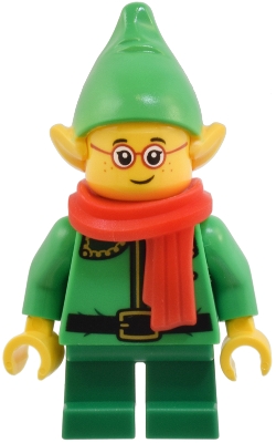 Elf / Postal Elf - Bright Green Torso, Green Legs, Bright Green Hat, Dark Green Collar, Red Scarf