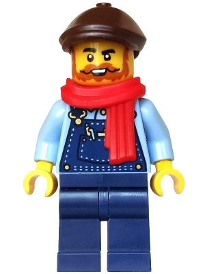 Train Driver, Dark Blue Overall, Reddish Brown Cap, Scarf