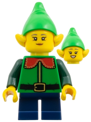Elf - Female, Bright Green Hat, Green Top with Red Collar, Dark Blue Short Legs. (Book 6, not 5)