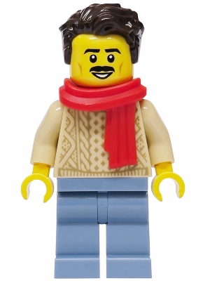 Man - Tan Knit Cable Sweater, Sand Blue Legs, Dark Brown Hair, Red Scarf
