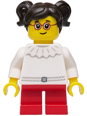 Girl - White Dress with Ruffled Collar, Red Short Legs, Dark Brown Hair with Pigtails