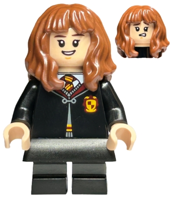 Hermione Granger - Gryffindor Robe Clasped, Black Skirt, Black Short Legs with Dark Bluish Gray Stripes, Open Mouth Smile / Confused