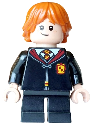 Ron Weasley - Gryffindor Robe Clasped, Sweater, Shirt and Tie, Black Short Legs, Lopsided Grin / Scared Open Mouth, Cheek Lines