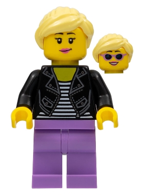 Woman, Black Leather Jacket, Medium Lavender Legs, Bright Light Yellow Hair