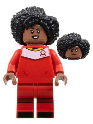 Soccer Player, Female, Red Uniform, Medium Brown Skin, Black Bushy Hair