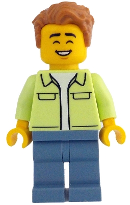 Man - Yellowish Green Jacket over White Shirt, Sand Blue Legs, Medium Nougat Tousled Hair