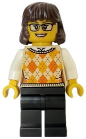 Woman - Tan Knit Argyle Sweater Vest, Black Legs, Dark Brown Hair, Glasses