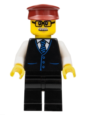 Train Driver - Male, Black Vest with Blue Striped Tie, Black Legs, Dark Red Hat, Glasses and Moustache