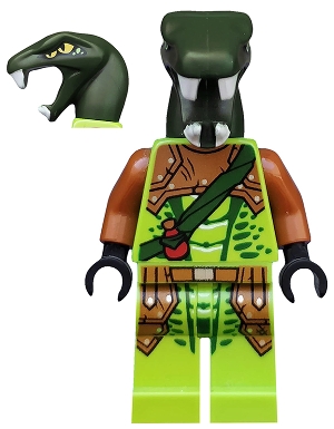 Source: BrickLink Zoltar - Serpentine Snake Warrior, Lime with Scales, Dark Orange Armor Coverings, Dark Green Strap with Red Vial