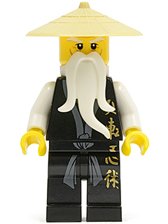 Wu Sensei - Black Kimono with Gold Symbols, Dark Bluish Gray Sash, Tan Asian Hat, White Beard
