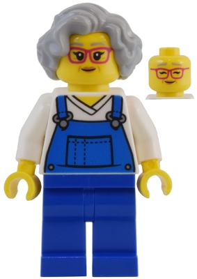 Source: BrickLink Street Vendor - Female, Blue Overalls over V-Neck Shirt, Blue Legs, Light Bluish Gray Hair, Glasses