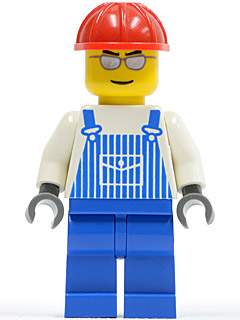 Overalls Striped Blue with Pocket, Blue Legs, Red Construction Helmet, Silver Glasses and Eyebrows