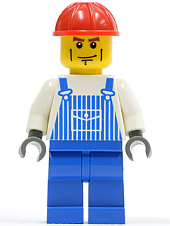 Overalls Striped Blue with Pocket, Blue Legs, Red Construction Helmet, Cheek Lines, Dark Bluish Gray Hands